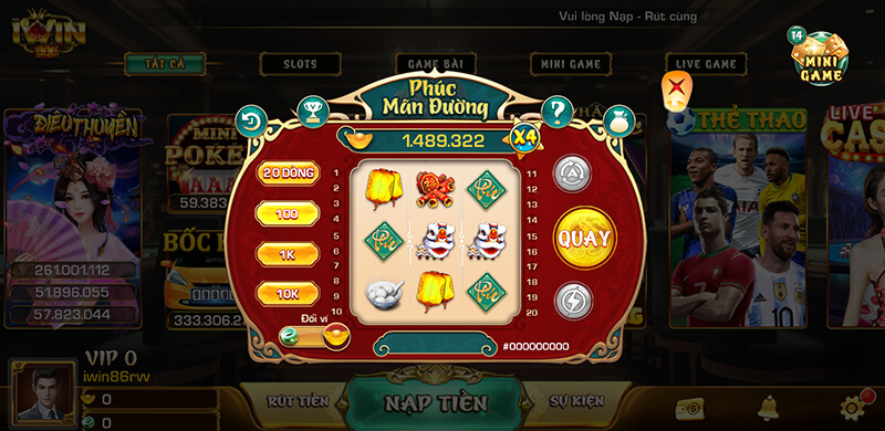 Cách tham gia chơi game quay slot nổ hũ phúc mãn đường tại IWIN CLUB